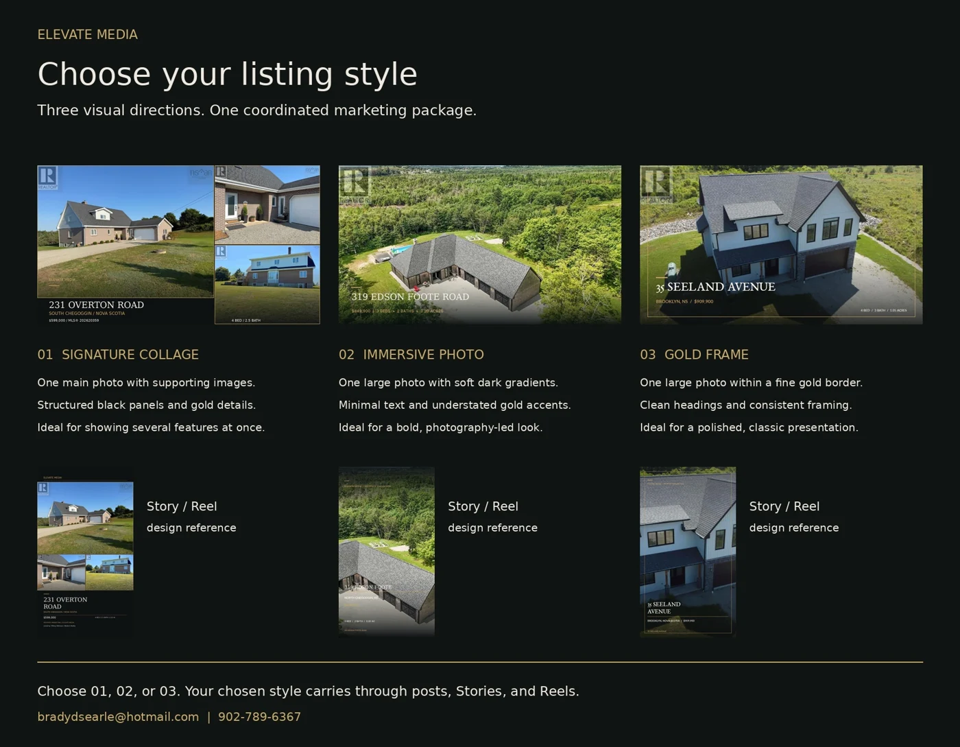Elevate Media listing style comparison: 01 Signature Collage, 02 Immersive Photo and 03 Gold Frame, with matching Story and Reel design references.